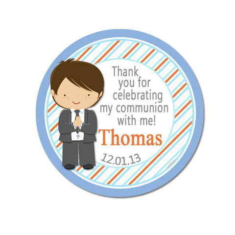 Communion Boy Orange And Blue Diagonal Stripe Personalized Communion Favor Sticker