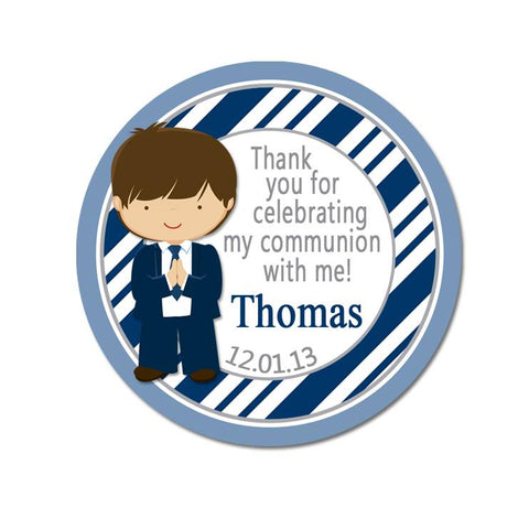 Communion Boy Navy Diagonal Stripe Personalized Communion Favor Sticker