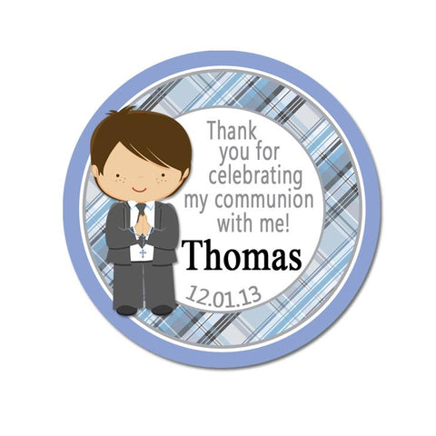 Communion Boy Blue Plaid Personalized Communion Favor Sticker