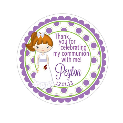 Communion Girl Green And Purple Polka Dot Personalized Communion Favor Sticker