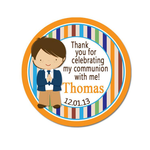 Communion Boy Multi Color Stripe Personalized Communion Favor Sticker