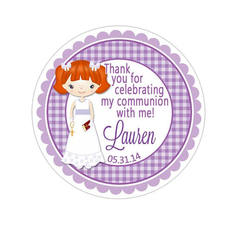 Communion Girl Purple Gingham Personalized Communion Favor Sticker