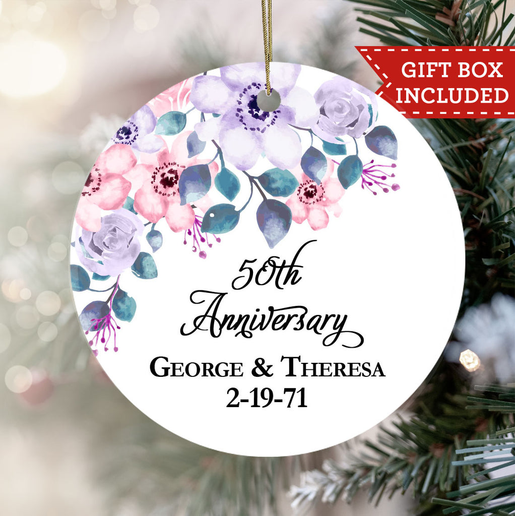 Personalized Wedding Anniversary Ornament - Pink And Purple Floral