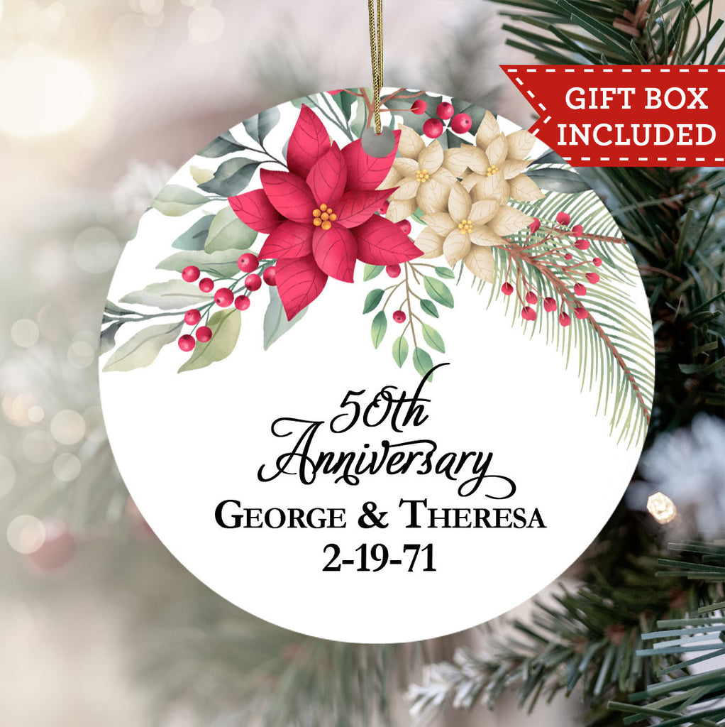 Personalized Wedding Anniversary Ornament - Pointsetta Floral
