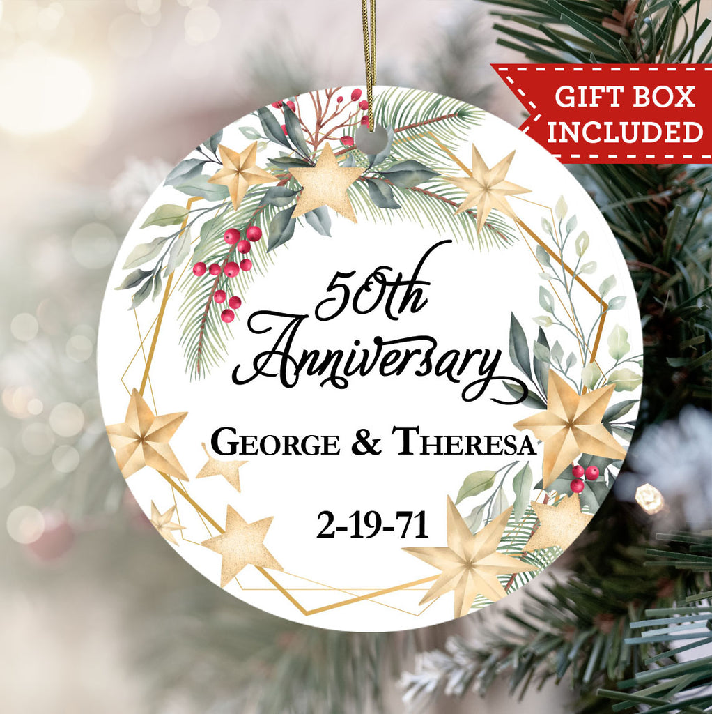 Personalized Wedding Anniversary Ornament - Wreath and Stars