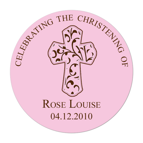 Pink Filigree Cross Personalized Baptism Favor Sticker