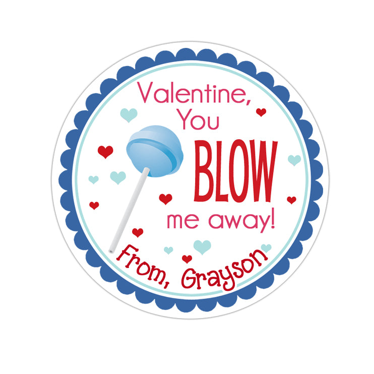 Blue Blow-Pop Blow Me Away Valentines Day Personalized Sticker Valentines Day Stickers - INKtropolis