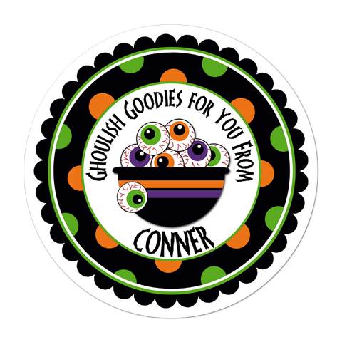 Bowl Of Eyeballs Polka Dot Border Personalized Halloween Sticker