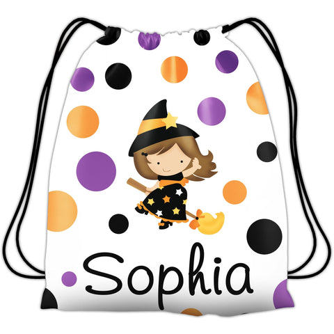 Personalized Halloween Trick Or Treat Bag, Kids Drawstring Bag - Brunette Witch