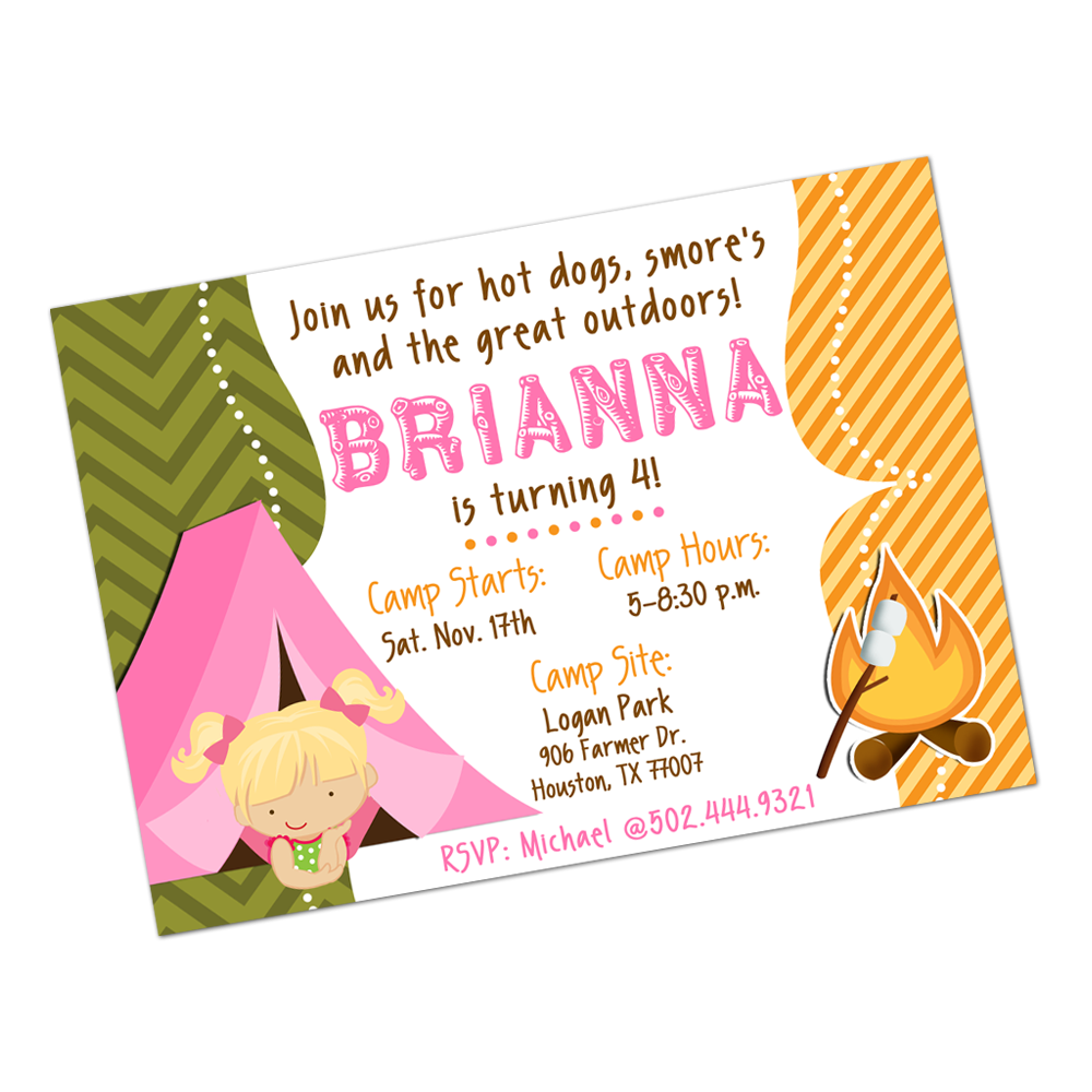 Girl Camping Digital Invitation Digital Invitations - INKtropolis