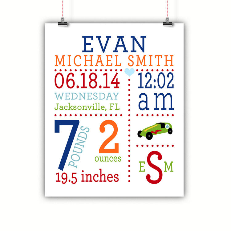 Car Baby Birth Stats Wall Art, Nursery Decor, Kids Room, Poster, Print, Framed or Canvas kids room art - INKtropolis