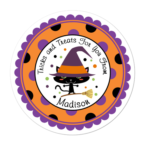 Cat Witch Polka Dot Border Personalized Halloween Sticker