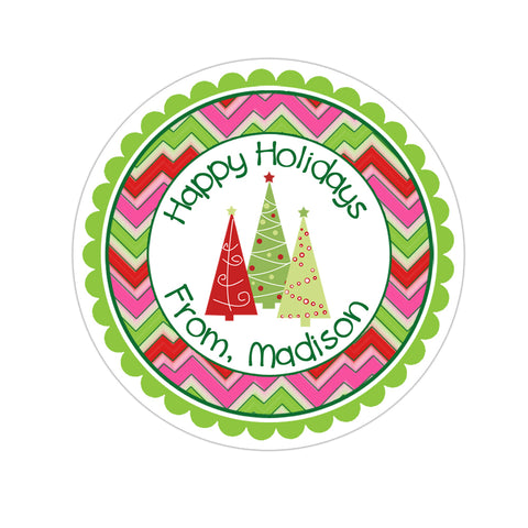 Trio Of Trees Wide Chevron Patterned Border Personalized Christmas Gift Sticker