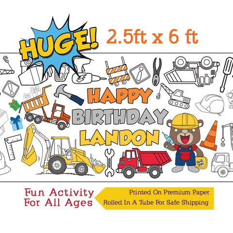 Personalized Construction Birthday Coloring Banner, Poster, Paper Table Cover