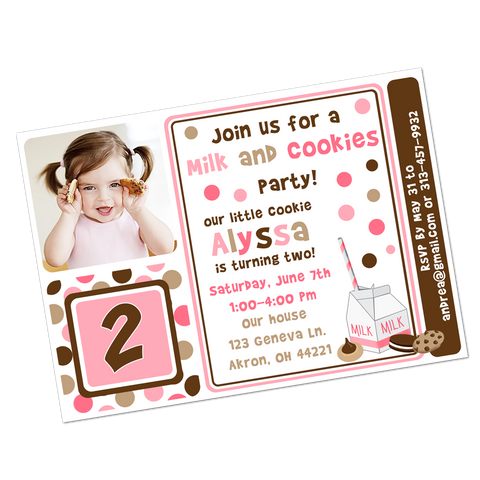 Pink & Brown Milk and Cookies Digital Birthday Invitation
