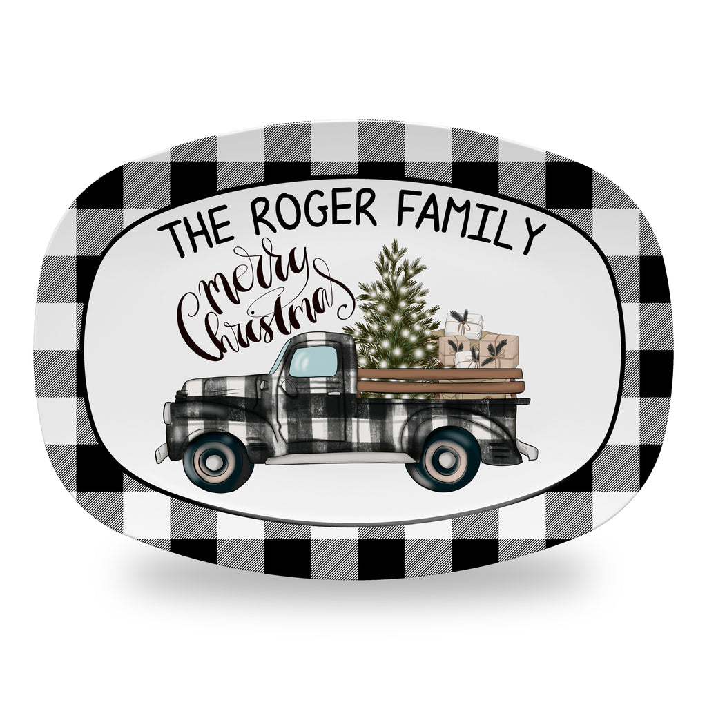 Personalized Christmas Holiday Platter, Serving Tray - Buffalo Plaid Truck