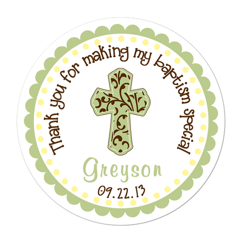 Green Filigree Cross Personalized Baptism Favor Sticker