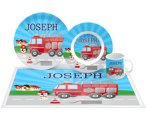 Personalized Firetruck Plate, Bowl, Mug, Placemat Set - Choose Your Pieces