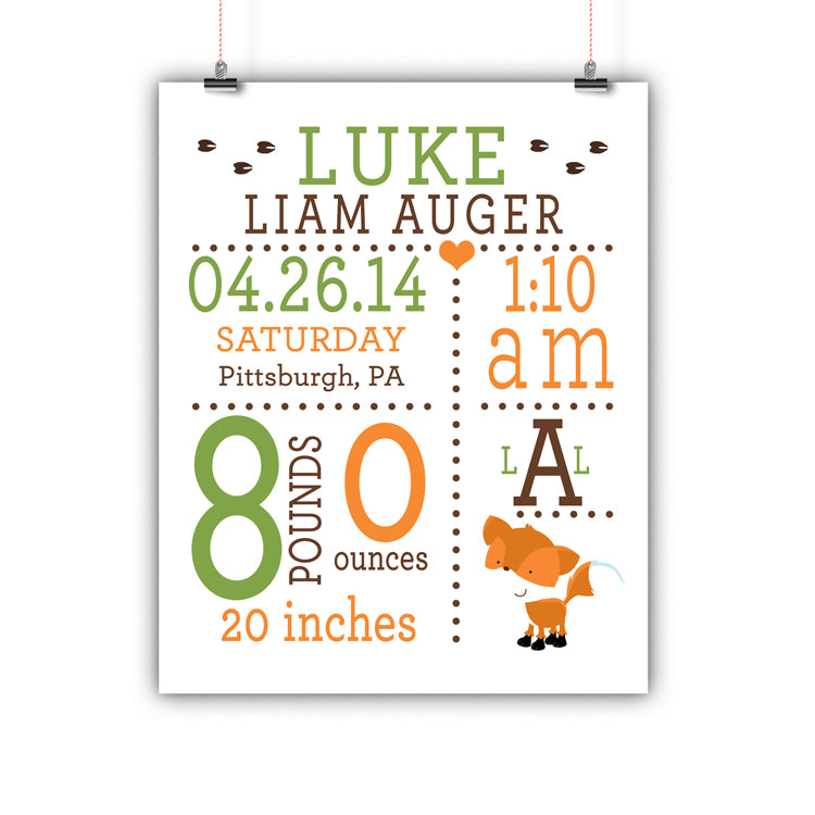 Woodland Fox Baby Birth Stats Wall Art, Nursery Decor, Kids Room, Poster, Print, Framed or Canvas kids room art - INKtropolis