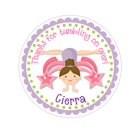 Brown Hair Girl Gymnast Personalized Birthday Favor Sticker