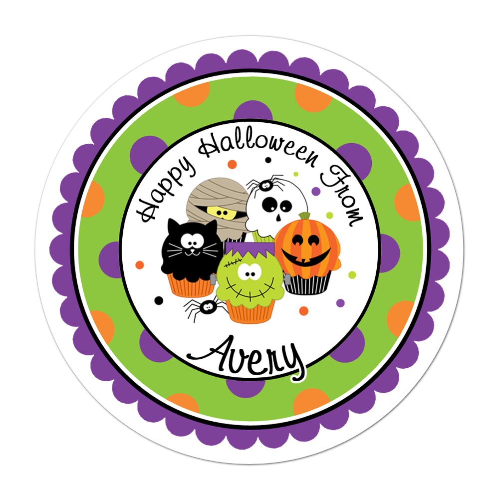 Halloween Cupcakes Wide Polka Dot Border Personalized Sticker Halloween Stickers - INKtropolis