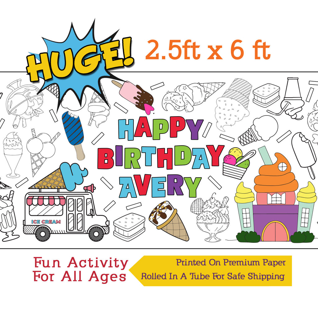 Personalized Ice Cream Birthday Coloring Banner, Poster, Paper Table Cover