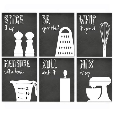Chalkboard Cooking Sayings Kitchen Artwork Decor, Poster, Print, Framed or Canvas - Set of 6