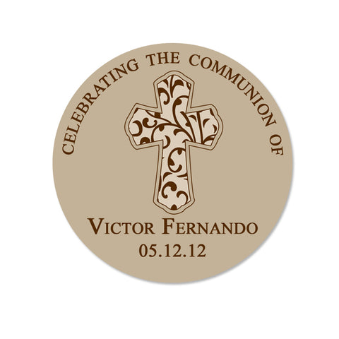Mocha Filligree Cross Personalized Baptism Favor Sticker