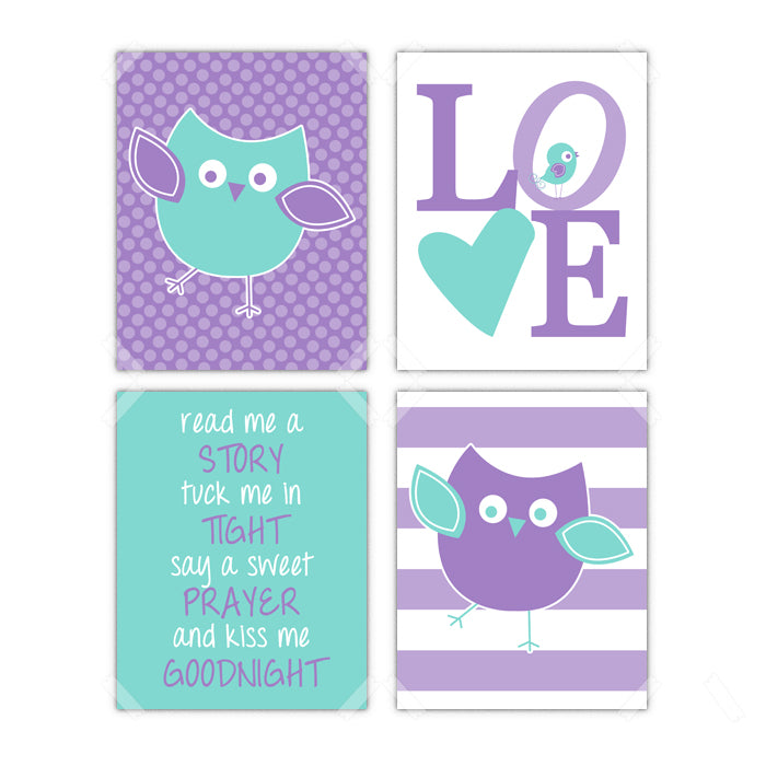 Owl Little Bird Nursery Wall Art Decor Poster, Print, Framed or Canvas - Set of 4 kids room art - INKtropolis