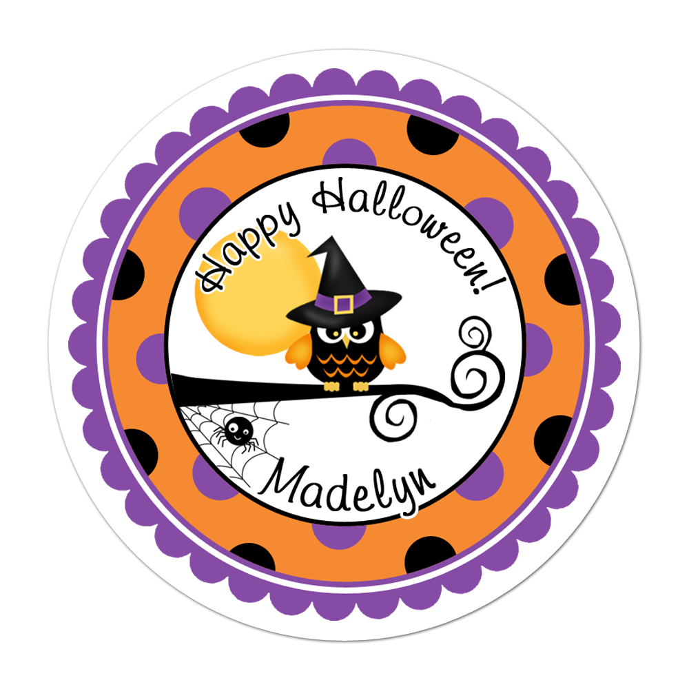 Owl Witch Wide Polka Dot Border Personalized Sticker Halloween Stickers - INKtropolis