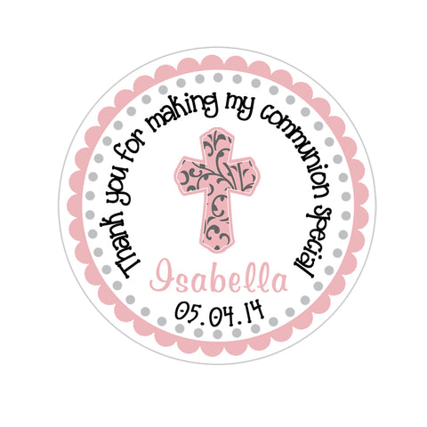 Scallop Border Pink Filligree Cross Personalized Baptism Favor Sticker
