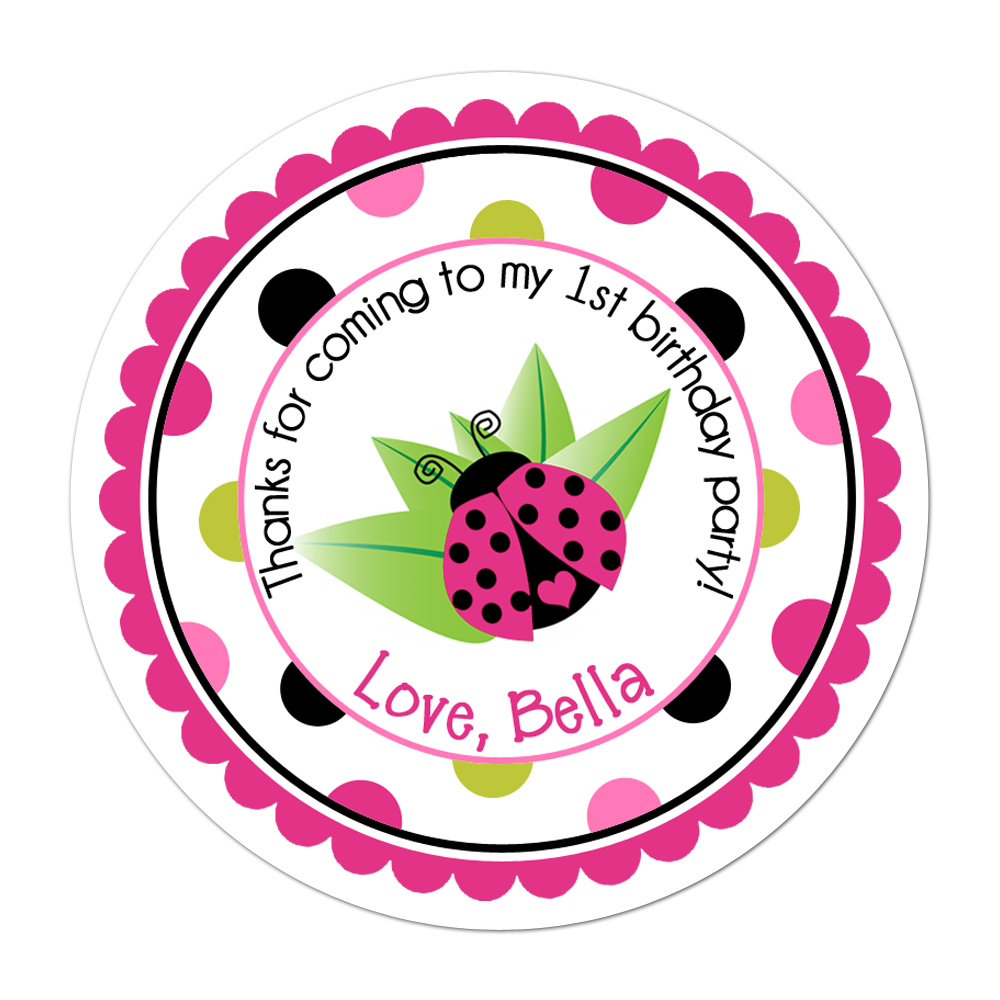 Pink Ladybug Wide Polka Dot Border Personalized Sticker Birthday Stickers - INKtropolis
