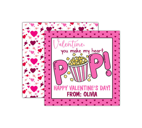 Personalized Pink Popcorn Valentine's Day Tags, Valentine Cards