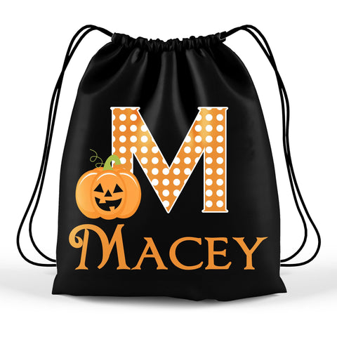 Personalized Halloween Trick Or Treat Bag, Kids Drawstring Bag - Pumpkin Monogram