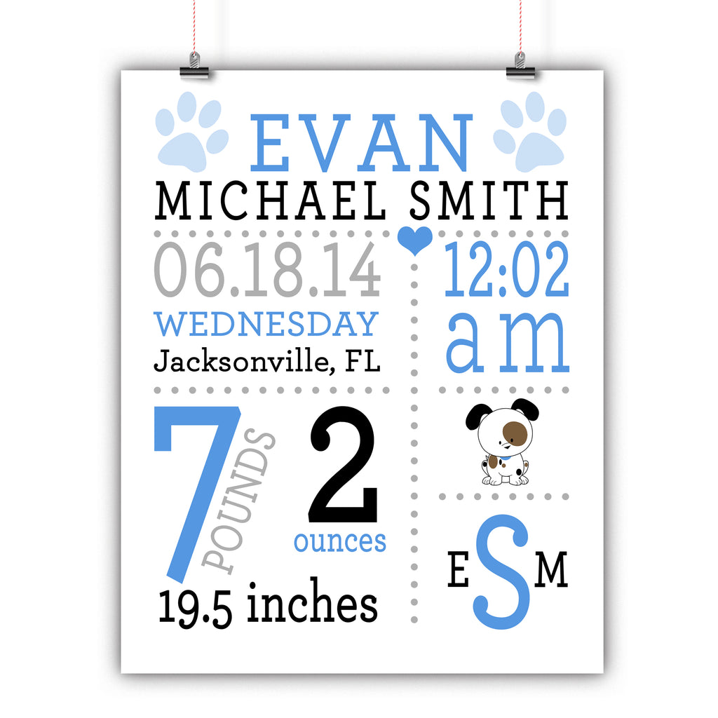 Puppy Dog Baby Birth Stats Wall Art, Nursery Decor, Kids Room, Poster, Print, Framed or Canvas kids room art - INKtropolis