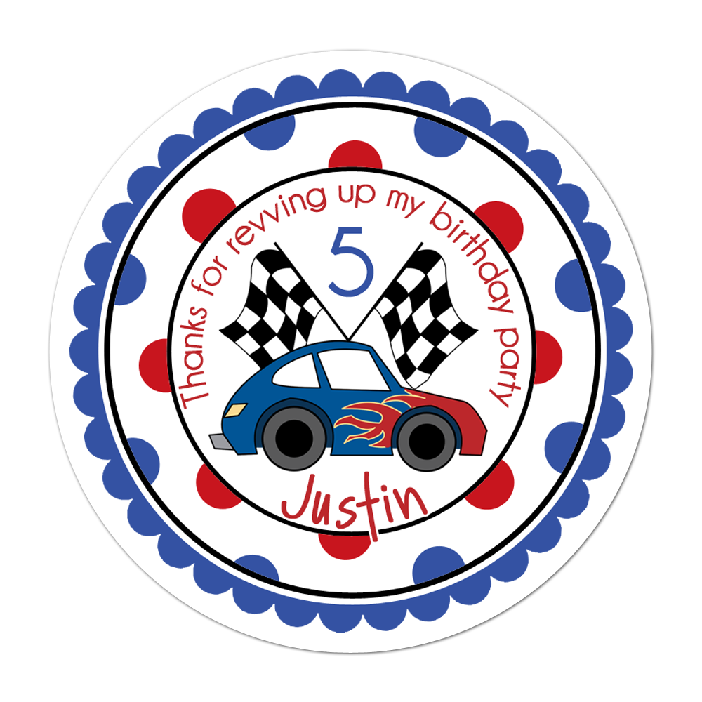 Race Car Wide Polka Dot Border Personalized Sticker Birthday Stickers - INKtropolis