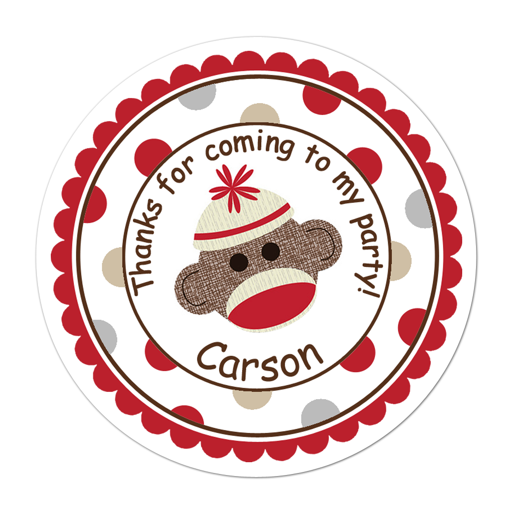 Brown Sock Monkey Wide Polka Dot Border Personalized Sticker Birthday Stickers - INKtropolis