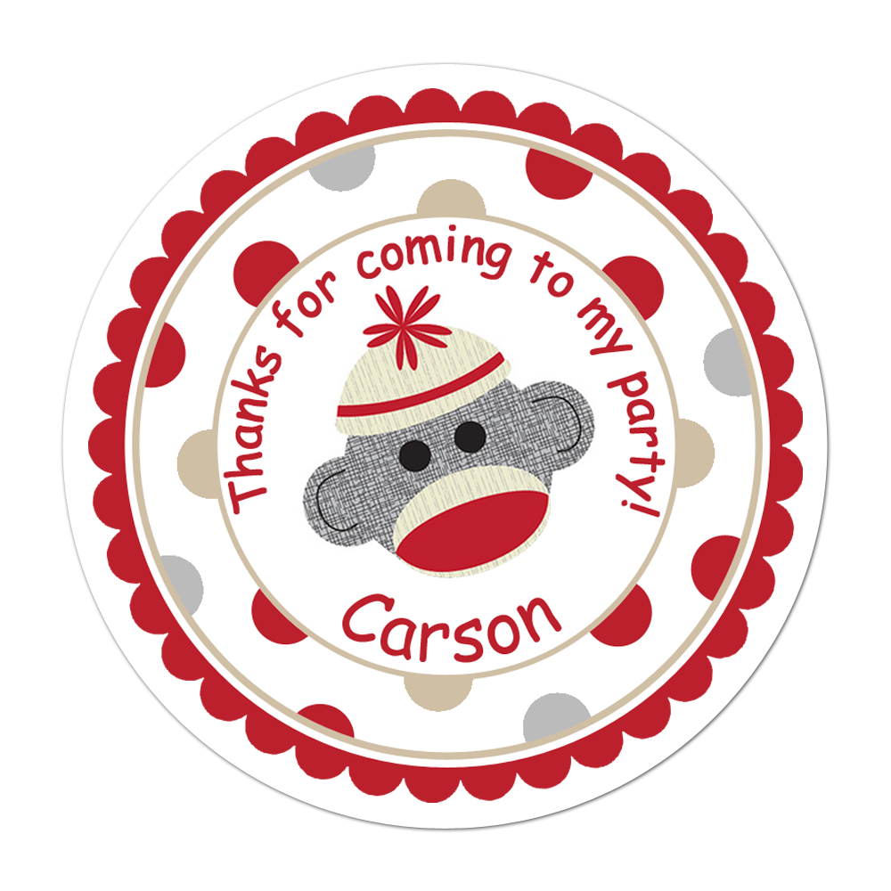 Gray Sock Monkey Wide Polka Dot Border Personalized Sticker Birthday Stickers - INKtropolis