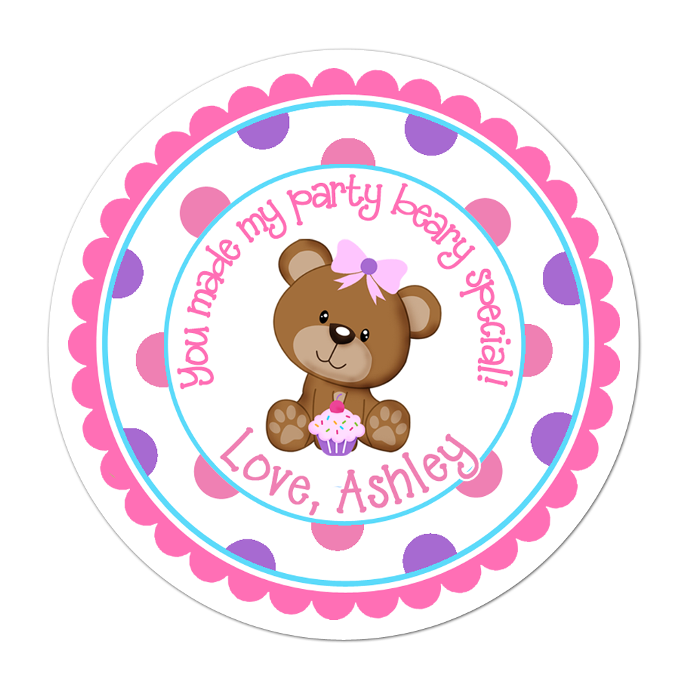 Teddy Bear Wide Polka Dot Border Personalized Sticker Birthday Stickers - INKtropolis
