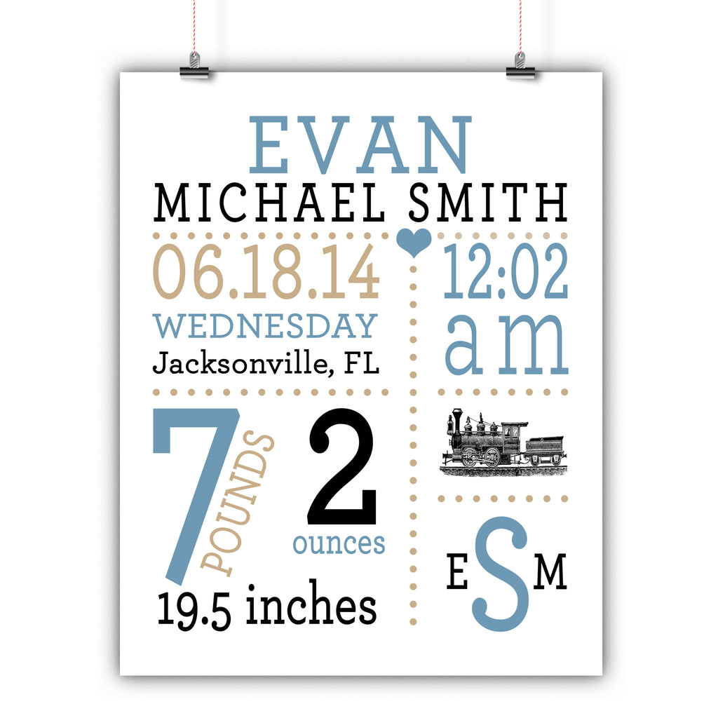 Train Baby Birth Stats Wall Art, Nursery Decor, Kids Room, Poster, Print, Framed or Canvas kids room art - INKtropolis