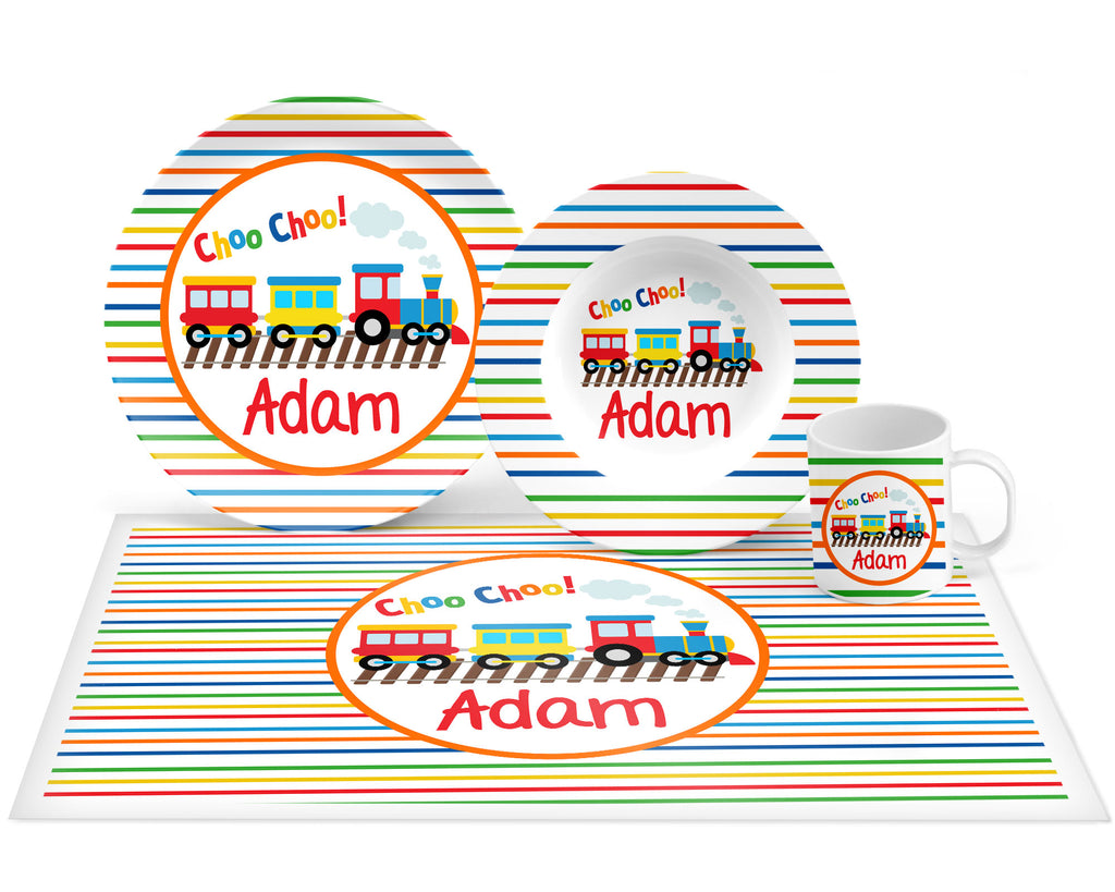 Personalized Train Plate, Bowl, Mug, Placemat Set - Choose Your Pieces
