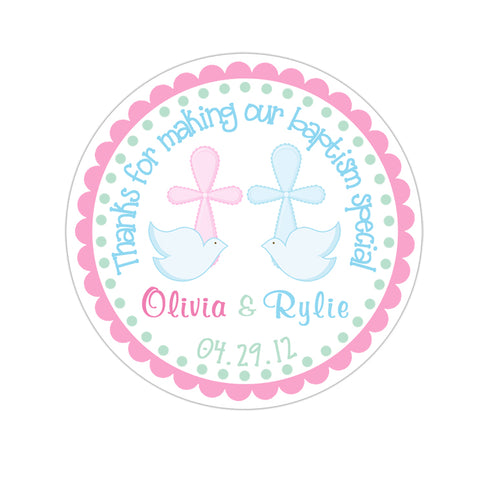 Twin Doves Boy and Girl Personalized Baptism Favor Sticker