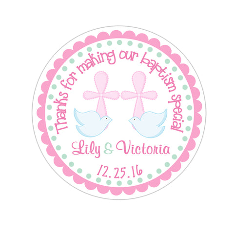 Twin Girl Doves Personalized Baptism Favor Sticker