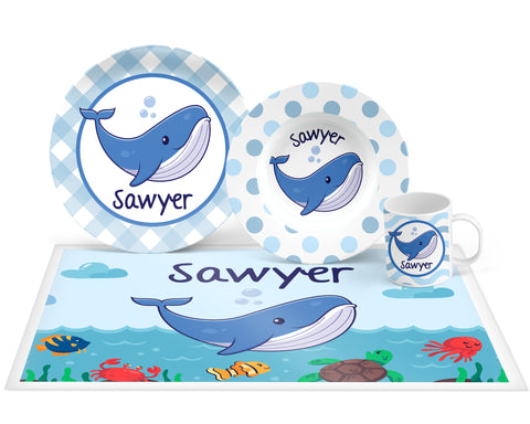 Personalized Whale Plate, Bowl, Mug, Placemat Set - Choose Your Pieces