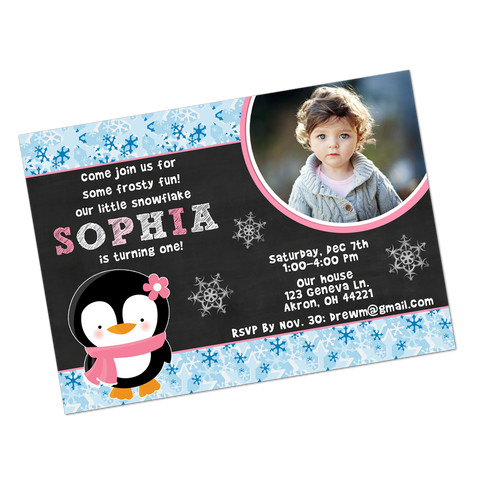 Winter Wonderland Girl Penguin Digital Birthday Invitation