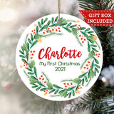 Personalized My First Christmas Ornament - Berry Wreath