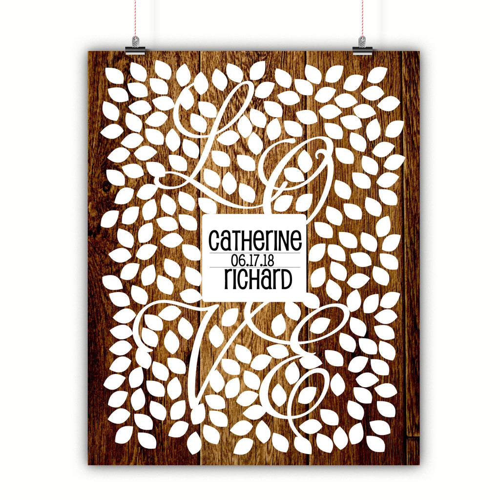 Wedding Tree Guest Book Alternative Poster, Print, Framed or Canvas - LOVE Vine - 200 Signatures Rust Wood Background wedding guest book alternative - INKtropolis