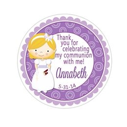 Communion Girl Purple Circles Personalized Communion Favor Sticker