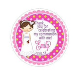 Communion Girl Green Pink Polka Dot Pattern Wide Border Personalized Sticker Birthday Stickers - INKtropolis