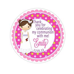 Communion Girl Green Pink Polka Dot Personalized Communion Favor Sticker